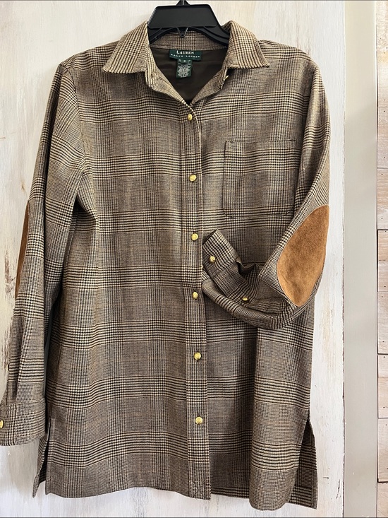 Ralph Lauren Tops - Vtg Lauren RL Plaid Wool Cashmere Tartan Houndstooth Shacket Elbow Patch Sz SM